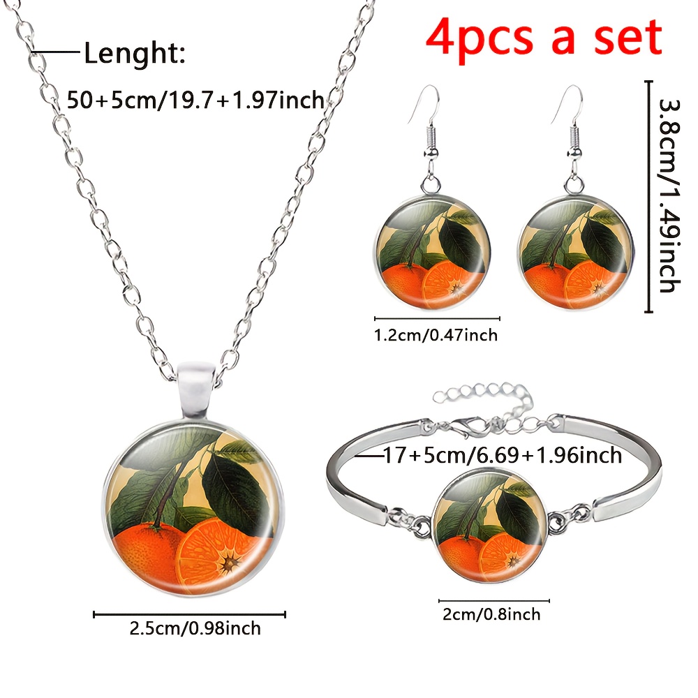 4pcs Set White Jewelry Set, Vibrant Fruit & Leaf Patterns